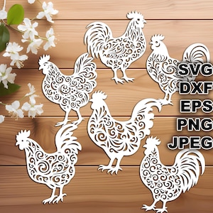Fichiers coupés SVG en filigrane de poulet (svg dxf png eps jpeg) Silhouette & Cricut, scrapbooking numérique, fabrication de cartes, papier découpé, CNC et bricolage laser