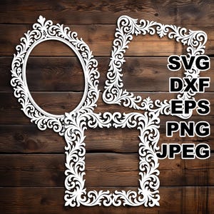 May include: White ornate frames in oval and square shapes, with intricate floral and scroll designs. The image includes the file formats SVG, DXF, EPS, PNG, and JPEG. The frames are set against a dark wood background.