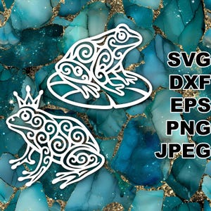 Może przedstawiać: Dwie białe ilustracje żab wykonane techniką line art ze skomplikowanymi wzorami wirów. Jedna żaba siedzi na liściu lilii wodnej, a druga ma na głowie koronę. Tekst SVG, DXF, EPS, PNG i JPEG znajduje się po prawej stronie na turkusowo-złotym tle.