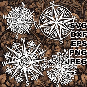 Op de afbeelding: Witte kompasroosontwerpen met sierlijke details tegen een bruine bloemenachtergrond. De afbeelding bevat de tekst "SVG, DXF, EPS, PNG, JPEG". De kompassen wijzen naar het noorden, zuiden, oosten en westen.