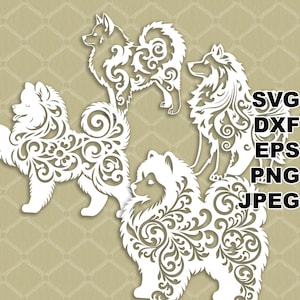 Samoyed fantazyjne pliki SVG do cięcia (svg dxf png eps jpeg) Silhouette i Cricut, cyfrowe scrapbooking, tworzenie kartek, cięcie papieru, CNC i laserowe DIY