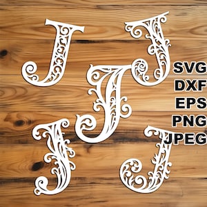 Filigraan Letter J SVG-bestanden knippen (svg dxf png eps jpeg) silhouet en Cricut, digitale scrapbooking, kaarten maken, papier snijden, CNC en laser DIY