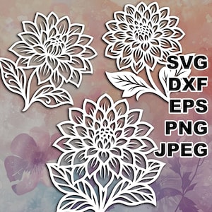 Può includere: Motivi floreali bianchi tagliati al laser. L'immagine presenta tre ritagli di fiori dettagliati con steli e foglie. Il testo "SVG, DXF, EPS, PNG, JPEG" è visualizzato in nero, indicando i formati di file.