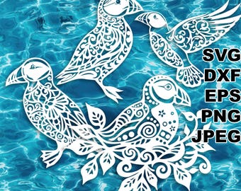 Puffins SVG cut files (svg dxf png eps jpeg) Silhouette & Cricut, digital scrapbooking, card making, paper cut, CNC and laser DIY