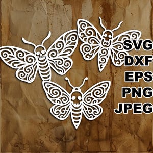 May include: Three white moth designs with skull faces and intricate wing patterns are displayed against a brown, textured background. The image also includes the file format options: SVG, DXF, EPS, PNG, and JPEG.