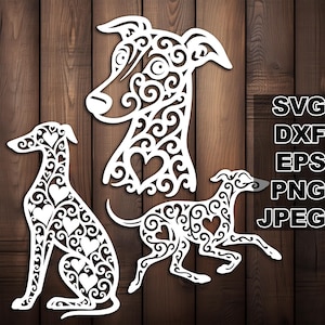 Joli lévrier SVG coupe fichiers (svg dxf png eps jpeg) Silhouette & Cricut, scrapbooking numérique, fabrication de cartes, papier découpé, CNC et laser DIY