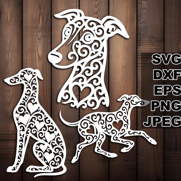 Joli lévrier SVG coupe fichiers (svg dxf png eps jpeg) Silhouette & Cricut, scrapbooking numérique, fabrication de cartes, papier découpé, CNC et laser DIY