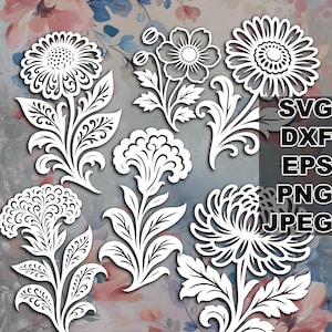 May include: White floral cut-out designs in various styles, including sunflowers and other detailed blossoms with leaves and stems. The image includes the text "SVG, DXF, EPS, PNG, JPEG". The background has a watercolor floral pattern.