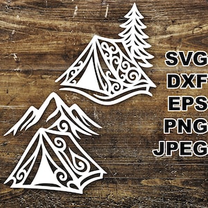 May include: White camping tent and mountain SVG cut files. The tent designs feature decorative swirls and a tree. The image also includes the text "SVG, DXF, EPS, PNG, JPEG" in a black font.