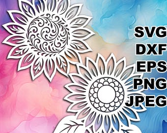 Más archivos de corte SVG de girasoles de filigrana (svg dxf png eps jpeg) Silhouette y Cricut, scrapbooking digital, corte de papel, CNC y láser DIY