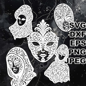 May include: White, ornate masquerade mask designs in various shapes, including full masks and partial face coverings. The masks feature intricate floral and swirl patterns. Text on the right side reads: SVG, DXF, EPS, PNG, JPEG.