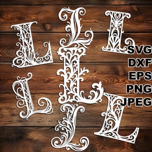 Arquivos de corte SVG de letra L de filigrana (svg dxf png eps jpeg) Silhouette & Cricut, scrapbooking digital, criação de cartões, corte de papel, CNC e laser DIY
