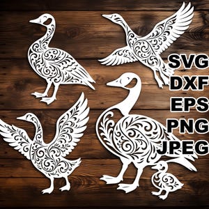 May include: White decorative goose cutouts with intricate floral patterns. The image includes four geese in various poses, with one goose and a gosling. The image also includes the text "SVG, DXF, EPS, PNG, JPEG".