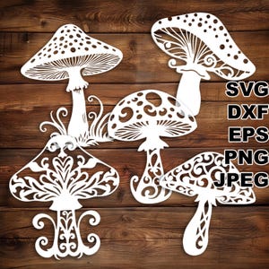 Fichiers coupés SVG champignons fantaisie (svg dxf png eps jpeg) Silhouette & Cricut, scrapbooking numérique, fabrication de cartes, papier découpé, CNC et laser DIY