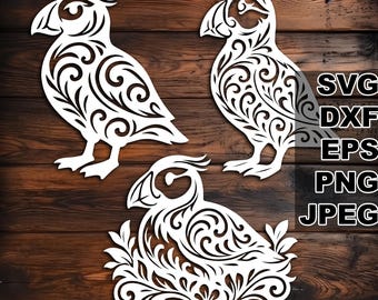 Filigree Puffin SVG cut files (svg dxf png eps jpeg) Silhouette & Cricut, digital scrapbooking, card making, paper cut, CNC and laser DIY