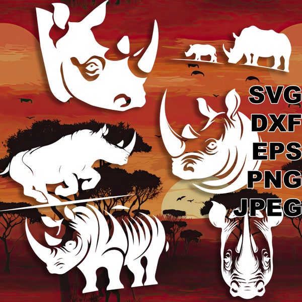 Rhino SVG cut files (svg dxf png eps jpeg) vinyl and paper cut, CNC, laser cut svg file, safari decor DIY