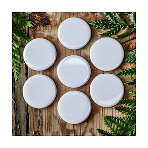 May include: Seven white round blank ceramic tiles on a wooden surface with green foliage in the background.