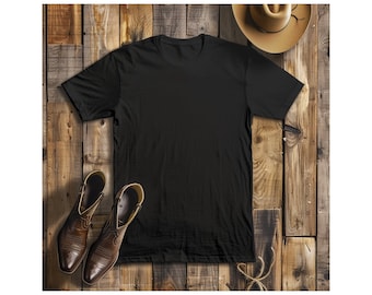 Black T-Shirt Mockup With A Western Theme On A Wood Background With A Cowboy Hat And Cowboy Boots