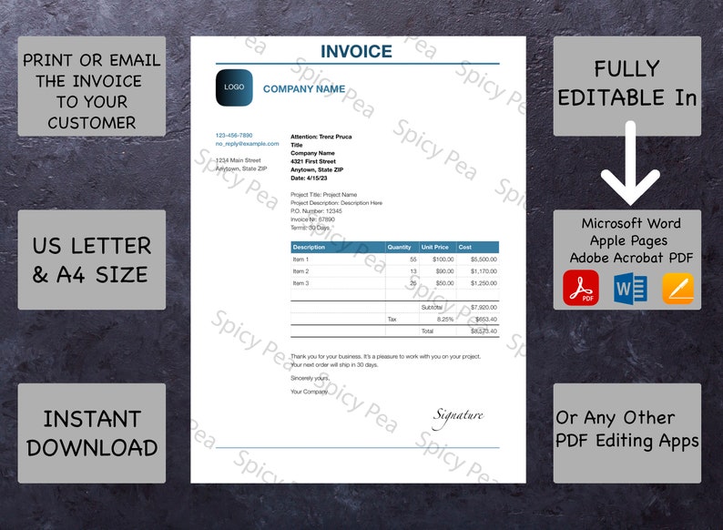 Printable Invoice, Receipt, Invoice Template, Business Form, Editable Invoice Template, Apple ...