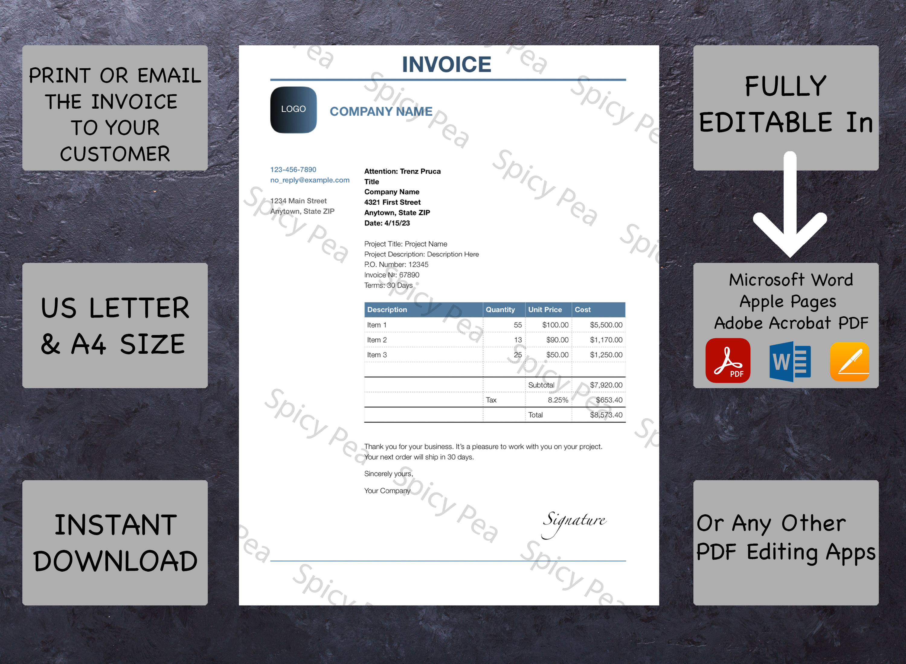 Printable Invoice, Receipt, Invoice Template, Business Form, Editable