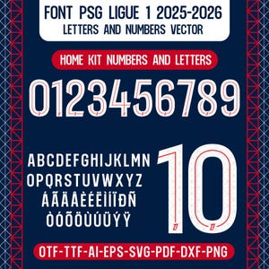 Font vector Paris Saint Germain PSG 25-26 Font ligue France 1 Ai, Svg, Pdf, Png,Otf,Ttf, CWC Numbers Dembele, Hakimi Football Soccer Shirt
