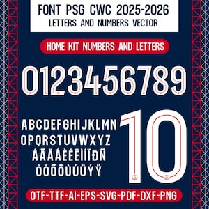 Font vector Paris Saint Germain PSG 25-26 Font CWC Ai, Svg, Pdf, Png,Otf,Ttf, CWC Numbers Dembele, Hakimi Football Soccer Shirt