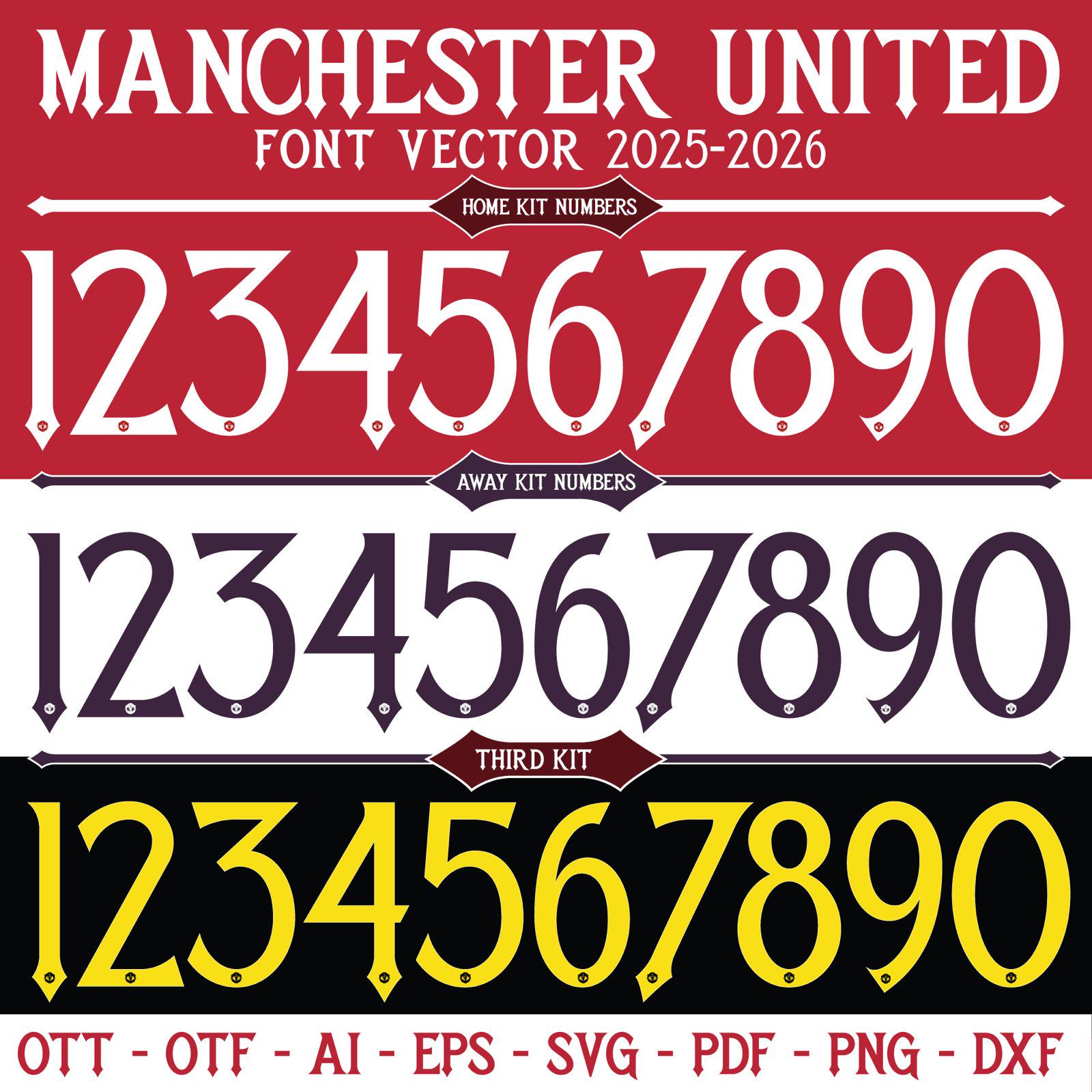 Manchester United 2025-26 Font Vector: Home & Away Kit, Third Kit