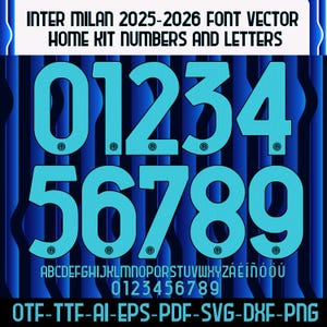 Può includere: Grafica digitale con il vettore del font Inter Milan 2025-2026 per numeri e lettere della divisa casalinga. I numeri da 0 a 9 e l'alfabeto sono visualizzati in azzurro. La grafica include anche opzioni di formato file.