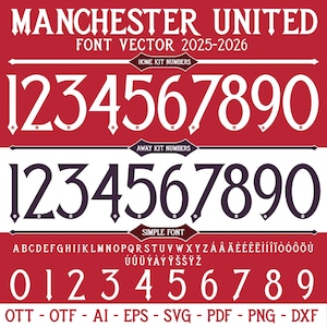 Font Vector Manchester United 2025-2026 Font Ai, Eps, Dxf, Pdf, Svg, Png,Pdf,Otf,Ttf  Shirt name Numbers Amad, Garnacho Football shirt Bruno