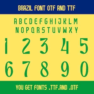 May include: A green font with the letters A through Z and the numbers 1 through 0. The font is set against a yellow background with a blue and green border. The text "BRAZIL FONT OTF AND TTF" is at the top of the image. The text "YOU GET FONTS .TTF.AND .OTF" is at the bottom of the image.