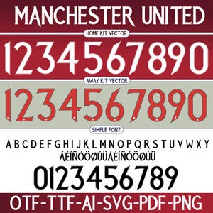 Puede incluir: Diseño de fuente Manchester United con los números del 0 al 9 en blanco y rojo, y las letras de la A a la Z en negro. La fuente está disponible en los formatos OTF, TTF, AI, SVG, PDF y PNG.