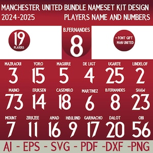 Manchester United 25 Bundle NameSet Home Kit Jersey Design Players Name and Numbers Ai,Svg,Pdf,Eps,Dxf,Png | Download for Cricut & Glowforge