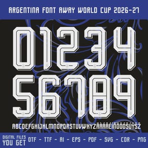 以下が含まれることがあります： アルゼンチン2026-27年ワールドカップのデジタルフォントセット。デザインは、黒いアウトラインの白い数字と文字が特徴で、青いアクセントのある暗い背景に設定されています。数字0〜9とアルファベットが含まれています。