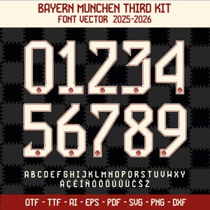 Font vector Bayern Munich Third 25-26 Font Ai, Svg, Pdf, Png,Otf,Ttf, Bayern Third Shirt Name Numbers kane, Musiala Football Soccer Shirt