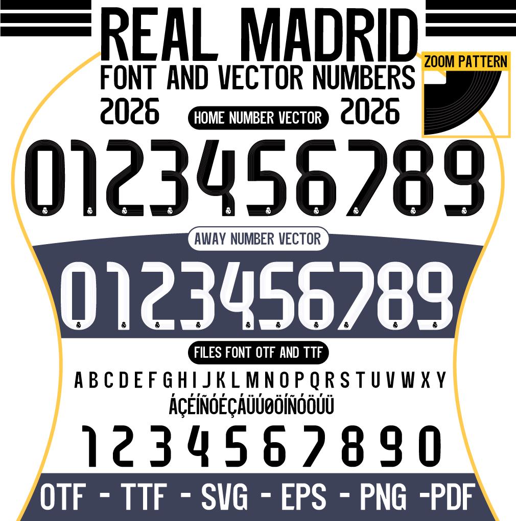Schrift Vektor Real Madrid 2026 Schrift,Ai,Svg,Eps,Pdf, Png, Otf, Ttf Real Madrid Trikot Name Zahlen Mbappé, Bellingham Fußball Fußballtrikot Vini