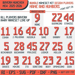 Bayern Munchen 25-26 Bundle Nameset kit Home jersey design players Name and Numbers Ai,Svg,Pdf,Eps,Dxf,Png | Download for Cricut & Glowforge