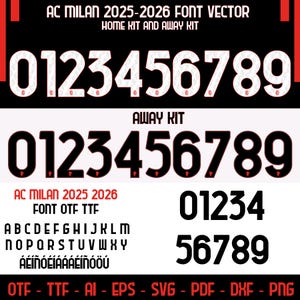 Può includere: Grafica digitale con il font AC Milan 2025-2026. L'immagine mostra i numeri 0-9 in due stili: un font bianco con dettagli rossi e un font nero. Il testo include "HOME KIT AND AWAY KIT" e "AWAY KIT".