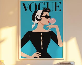 Modeutskrift, Vogue Vintage-väggkonst, minimalistisk Vogue-inspirerad modekonsttryck, retro glamourkvinna med tuggummi, modern väggdekor