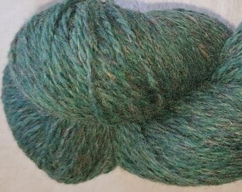 May include: A skein of yarn in a deep green color with flecks of blue and brown. The yarn is soft and fluffy, and it is perfect for knitting or crocheting.