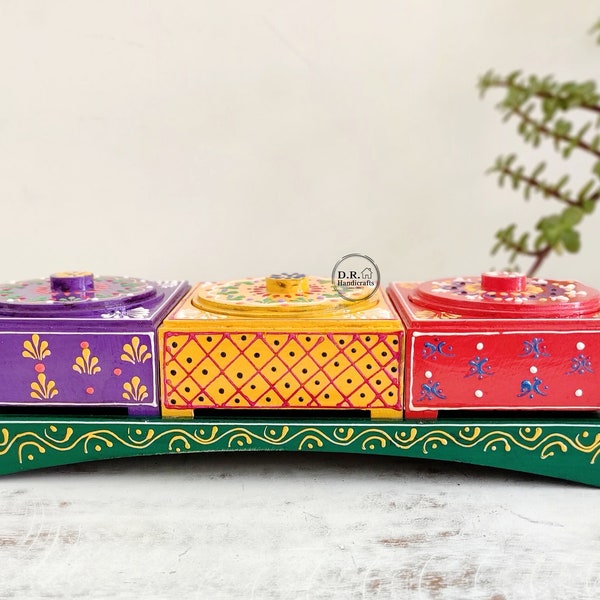 Indian Hand Painted Wooden Dry Fruit Box With Tray For Dinning Table / Home Decor Traditional Rajasthani Painted Serving Box / Decor Items