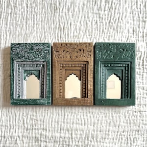 Indian Vintage Design Handmade Carved Wall Hanging Temple Mirror Frame With 3 Different Colors Wall Decor Temple Mirror Frame (Set Of 3)