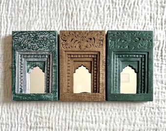 Indian Vintage Design Handmade Carved Wall Hanging Temple Mirror Frame With 3 Different Colors Wall Decor Temple Mirror Frame (Set Of 3)