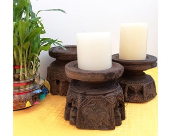 Indian Antique Handmade Wooden Seeder Candle Holder  / Natural Wood Finish / Candle Stand / Home Decor / Vintage Seeder Candle Holder.