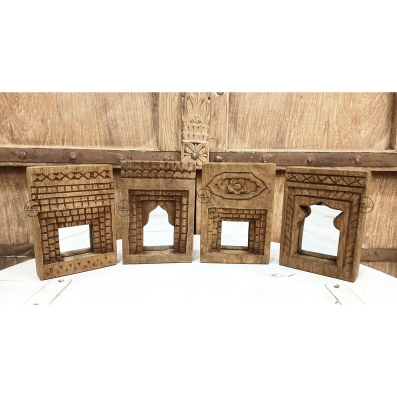 Indian Antique Wooden Carved Wall Hanging Temple Mirror Frame Set of 4