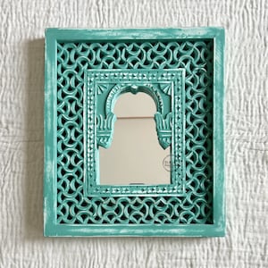 Vintage Style Indian Carved Wooden Mirror Frame With Teal Green Finish Rustic Mirror Frame For Living Room Handmade Mirror Frame