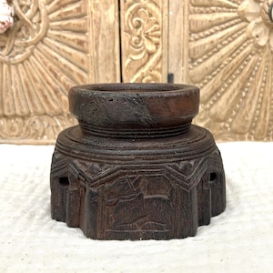 Indian Antique Handmade Wooden Seeder Candle Holder With Brown Polish Candle Stand Vintage Home Decor Hand Carved Antique Table Decor