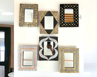 Cornice per specchio indiano antico da parete in legno con inserto in ottone (set da 6) / Cornice per specchio decorativo da parete / Cornice per specchio / Set di cornici per specchio