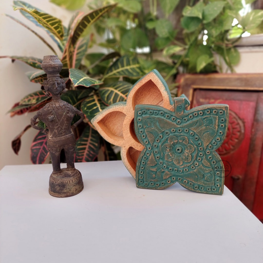 Indian Wooden Carved Storage Spice Box / Home Decor / Kitchen Ware