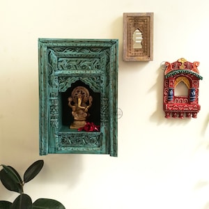 Indian Antique Wooden Wall Hanging Jarokha Withe Self For Wall Decor / Wall Hanging / Indian Art / Vintage Jarokha Self / Blue Distress.