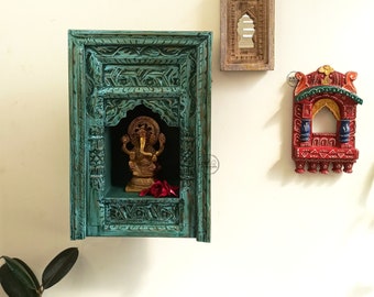 Indian Antique Wooden Wall Hanging Jarokha Withe Self For Wall Decor / Wall Hanging / Indian Art / Vintage Jarokha Self / Blue Distress.